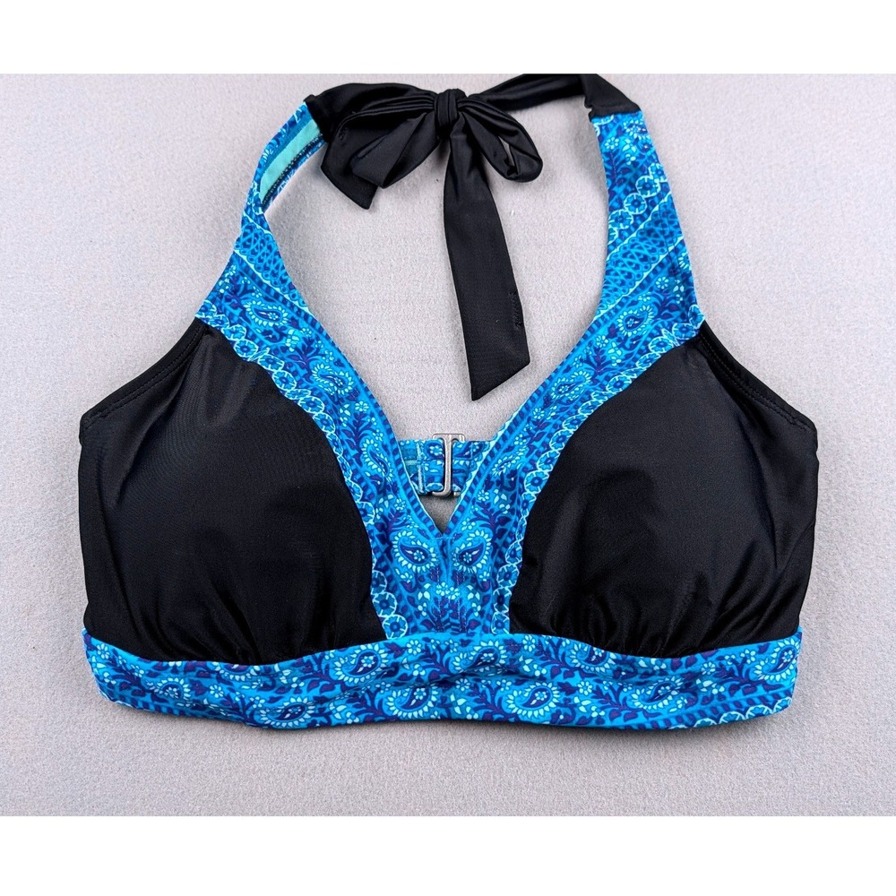 Athleta Bikini Top 36 D/DD Black Blue Paisley Tile Halter Underwire Swimwear